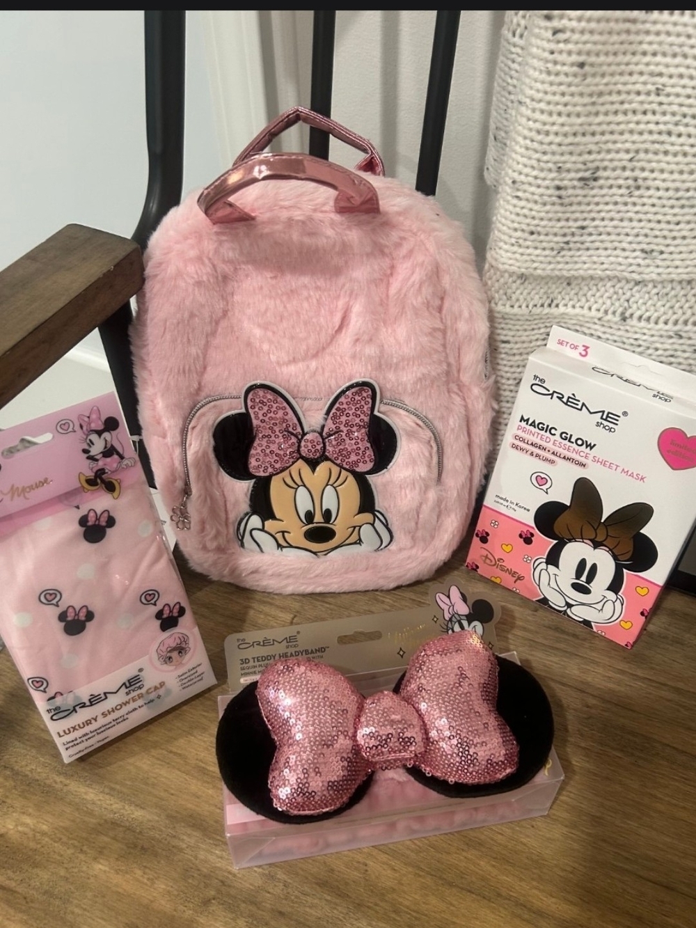 Disney Pink Faux Fur Minnie Mouse Kids Backpack with Sequin Bow Bundle